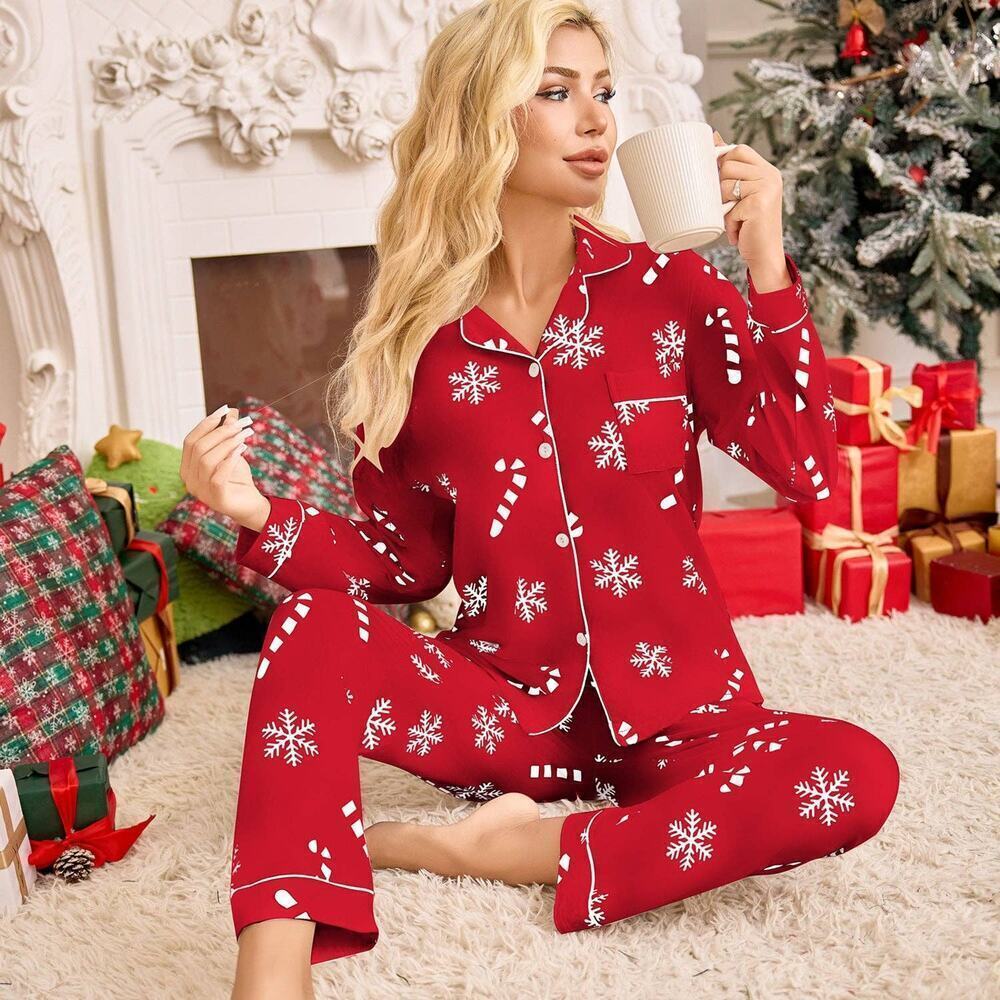 Women's Red Christmas Holiday Collared Long Sleeve Pajama Set